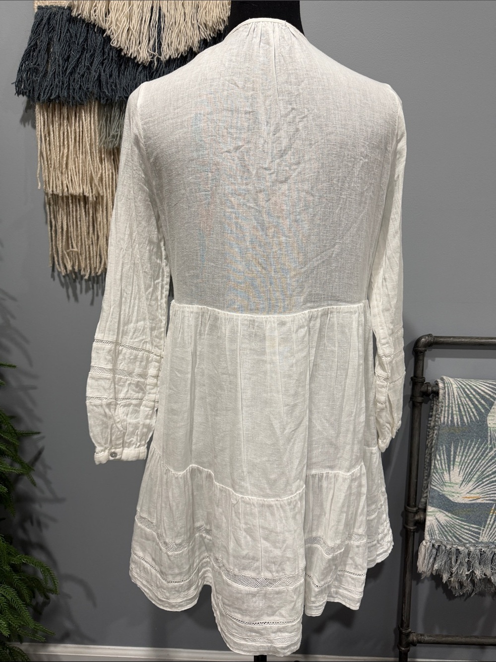 Rails White Linen Blend Boho Mini Dress XS | Lace Trim Peasant Beach Cover Up - Picture 4 of 8